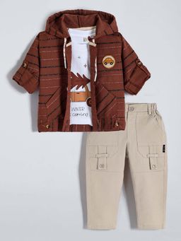 Hopscotch - Boys Brown Cotton Printed Vest with Shirt and Pant