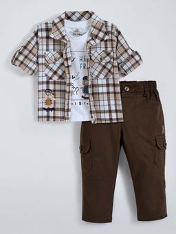 Hopscotch - Boys Brown Cotton Checks Vest with Shirt and Pant
