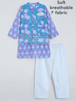Hopscotch - Boys Blue Cotton Floral Kurta with Pyjama and Nehru Jacket