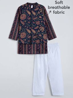 Hopscotch - Boys Brown Cotton Floral Kurta with Pyjama and Nehru Jacket