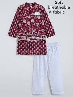 Hopscotch - Boys Maroon Cotton Floral Kurta with Pyjama and Nehru Jacket