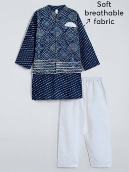 Hopscotch - Boys Blue Cotton Printed Kurta with Pyjama and Nehru Jacket