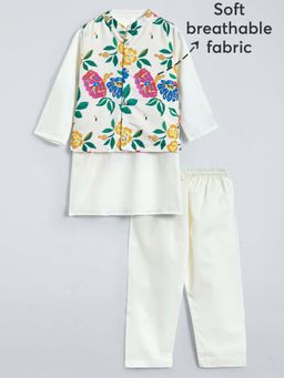 Hopscotch - Boys White Cotton Floral Kurta with Pyjama and Nehru Jacket