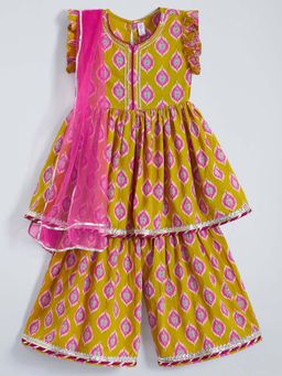Hopscotch - Girls Mustard Cotton Ethnic Kurta with Sharara and Dupatta