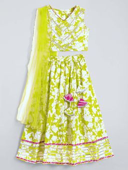 Hopscotch - Girls Green Cotton Floral Blouse with Lehenga and Dupatta