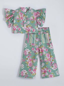 Hopscotch - Girls Green Cotton Floral Blouse with Pant