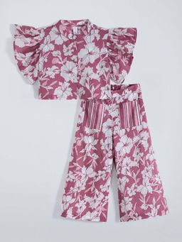 Hopscotch - Girls Magenta Cotton Floral Blouse with Pant