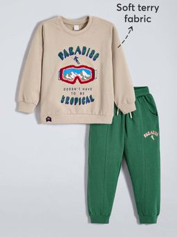 Hopscotch - Boys Beige Cotton Typography Sweatshirt with Joggers