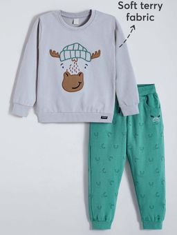 Hopscotch - Boys Grey Cotton Printed Sweatshirt with Joggers