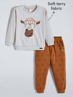 Hopscotch - Boys Grey Cotton Printed Sweatshirt with Joggers