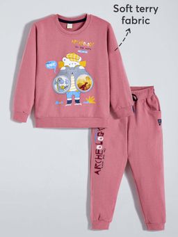 Hopscotch - Boys Pink Cotton Printed Sweatshirt with Joggers