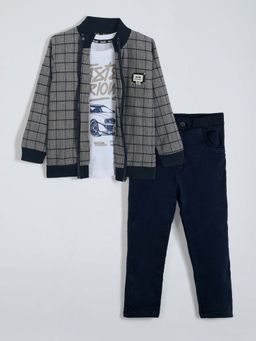 Hopscotch - Boys Grey Polycotton Checks T-shirt with Jacket and Pant