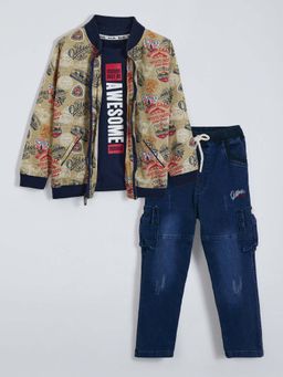 Hopscotch - Boys Blue Polycotton Typography T-shirt with Jacket and Pant