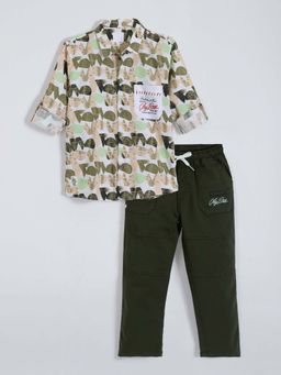 Hopscotch - Boys Olive Polycotton Abstract Shirt with Pant