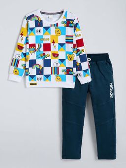 Hopscotch - Boys Blue Cotton Printed Sweatshirt with Pant