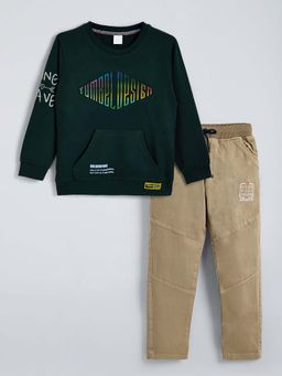 Hopscotch - Boys Green Cotton Typography Sweatshirt with Pant