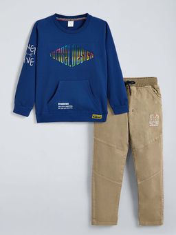 Hopscotch - Boys Navy Blue Cotton Typography Sweatshirt with Pant