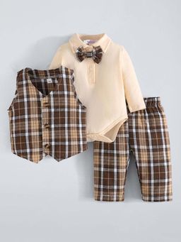 Hopscotch - Beige 3-Pc Plaid Pants Set with Bow