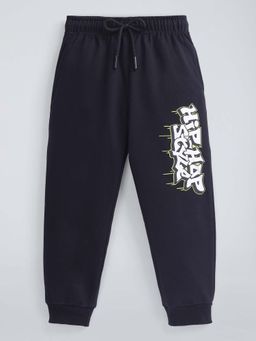 Hopscotch - Boys Black Cotton Blend Typography Joggers