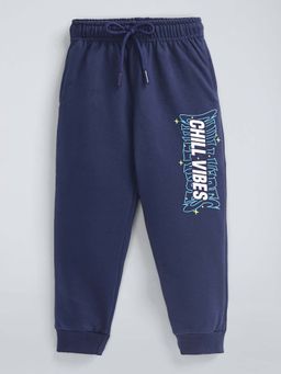 Hopscotch - Boys Navy Blue Cotton Blend Typography Joggers