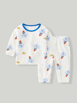 Hopscotch - Boys White Viscose Blend Printed T-shirt with Pyjama