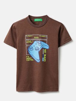 United Colors of Benetton - Boys Brown Polycotton Printed T-shirt