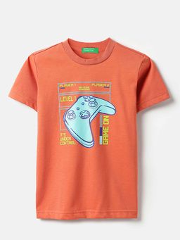 United Colors of Benetton - Boys Orange Polycotton Printed T-shirt