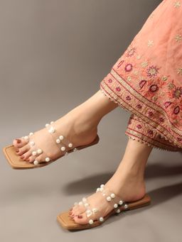VYSTIQ - Women Stylish Transparent Pearl Embellished Flat - Tan