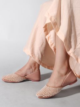 VYSTIQ - Women Stylish Pearl-Embellished Juttis - Peach