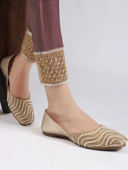 VYSTIQ - Women Elegant Embellished Flat Juttis with Pearl and Crystal Detailing - Copper