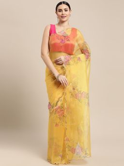 Vastranand - Organza Floral Print Party Wear Saree with Unstitched Blouse