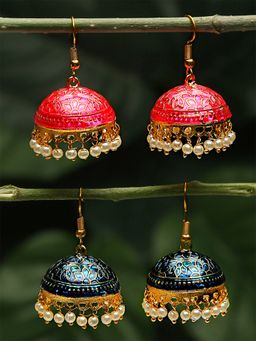 Yellow Chimes - Set of 2 pair Gold-Plated Meenakari Jhumka Earrings