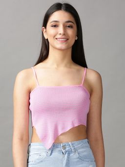 SHOWOFFFF - Womens Fitted Striped Pink Crop Top