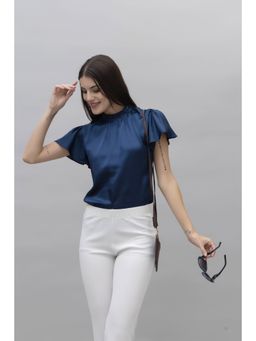 PURYS - Navy Blue High Neck Satin Top