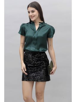 PURYS - Green Petal Sleeves Casual Satin Top