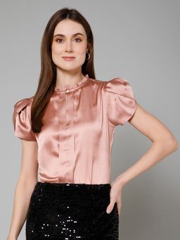 PURYS - Pink Tulip Sleeves Casual Satin Top