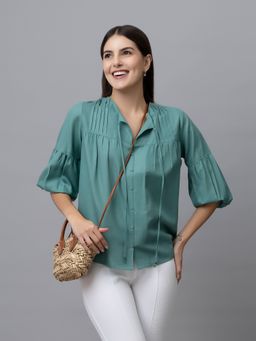 PURYS - Teal Casual Linen Pintuck Top