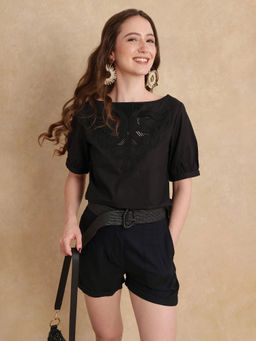 RAREISM - Janla Black Embroidered Regular Top
