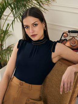 Style Quotient - Women Navy Sleeveless Embroidered Top