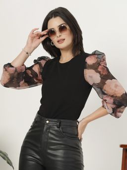 Style Quotient - Women Black Top with Printed Sleeves
