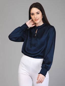 PURYS - Navy Blue Smocking Satin Top