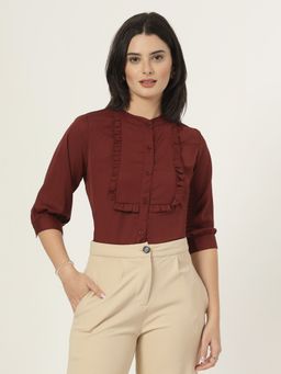 Style Quotient - Women Solid Maroon Polymoss Regular Fit Smart Casual Lace Insert Top