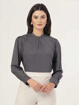 Style Quotient - Women Solid Grey Polymoss Regular Pleated Top