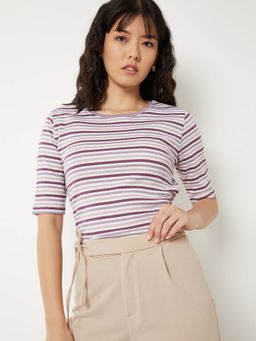 max - Women Striped Knit Lavender T-Shirt