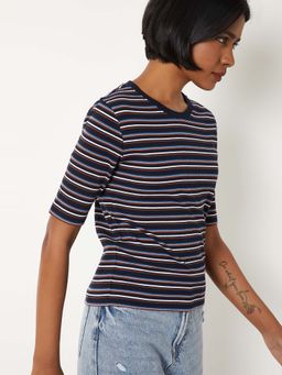 max - Women Striped Navy Blue T-Shirt