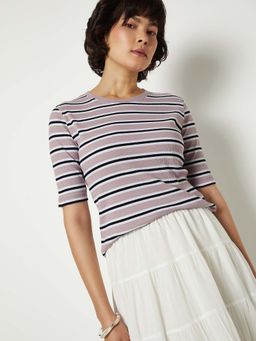 max - Women Striped Lavender T-Shirt