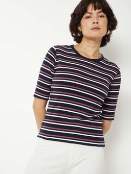 max - Women Striped Navy Blue T-Shirt