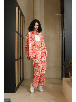 THR3LETTER - Red Romance Co Ord Loose Fit Shirt & High Waisted Trousers (Set of 2)