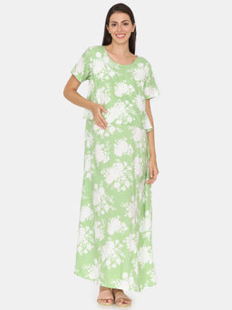 Zivame - Green Printed Full Length Maternity Nightdress