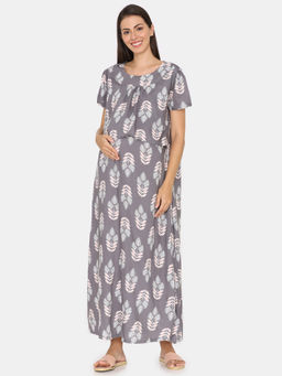 Zivame - Grey Printed Full Length Maternity Nightdress